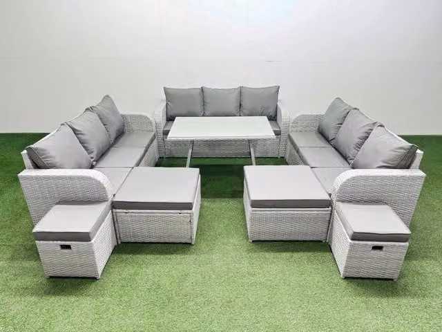 Fimous Modern Rattan Garden Furniture Set with Dining Table and Stools in Light Grey