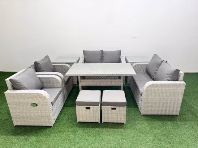 Fimous 8 Seater Rattan Garden Furniture Set with Reclining Sofa, Rectangular Dining Table, 2 Stools and 2 Side Tables in Light Grey
