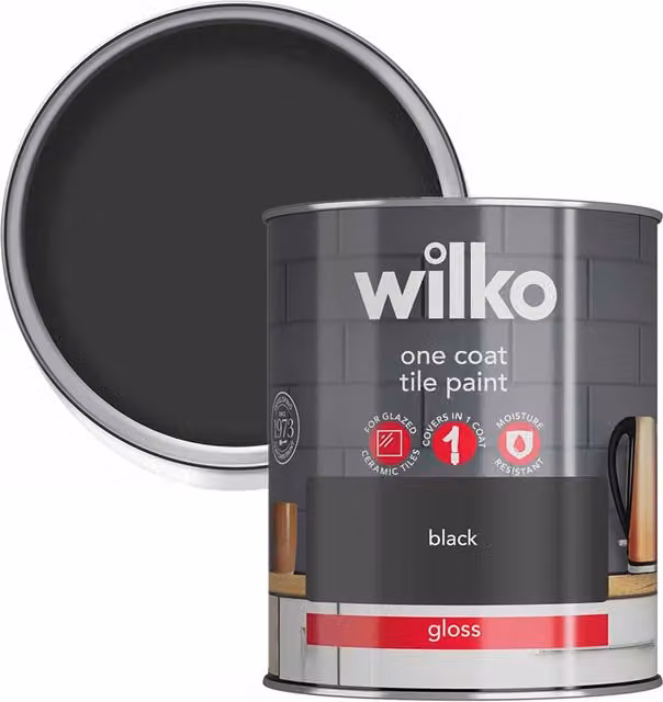 wilko One Coat Gloss Interior Tile Paint, Black, 750ml
