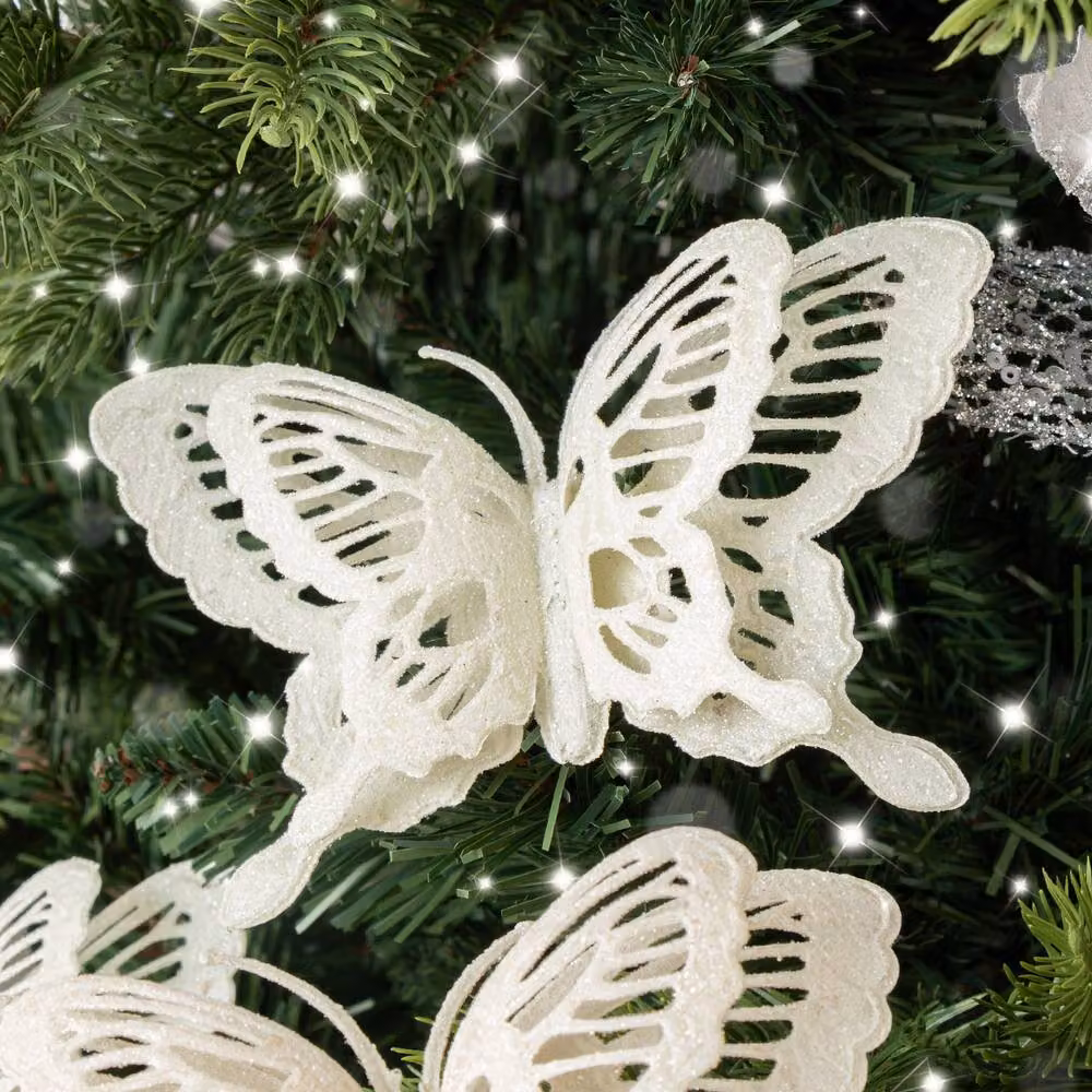 Melody Maison Set of 4 White Glitter Butterfly Christmas Hanging Decorations – 2