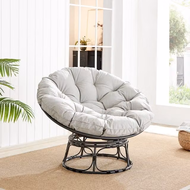 FurnitureboxUK Modern Rattan Moon Chair with Grey Cushions in Black