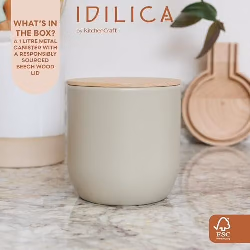 KitchenCraft Idilica Airtight Stoneware Kitchen Canister with Wooden Lid, Putty Grey, W/D/H: 12 x 12 x 12 cm – 2