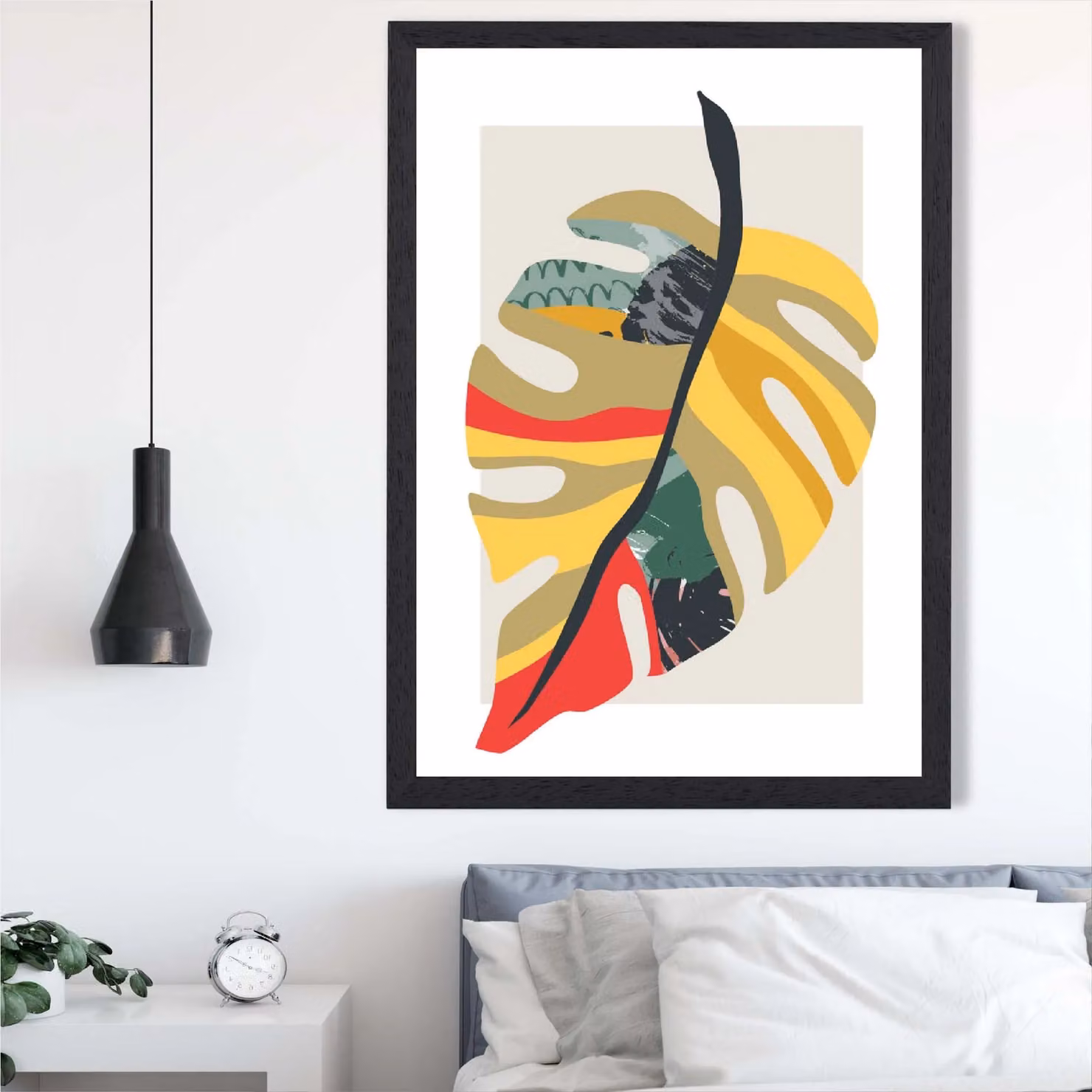 ARTZE Tropical Monstera Minimalist Framed Print, Green and Red Botanical Leaves, Black Frame, A3 – 2