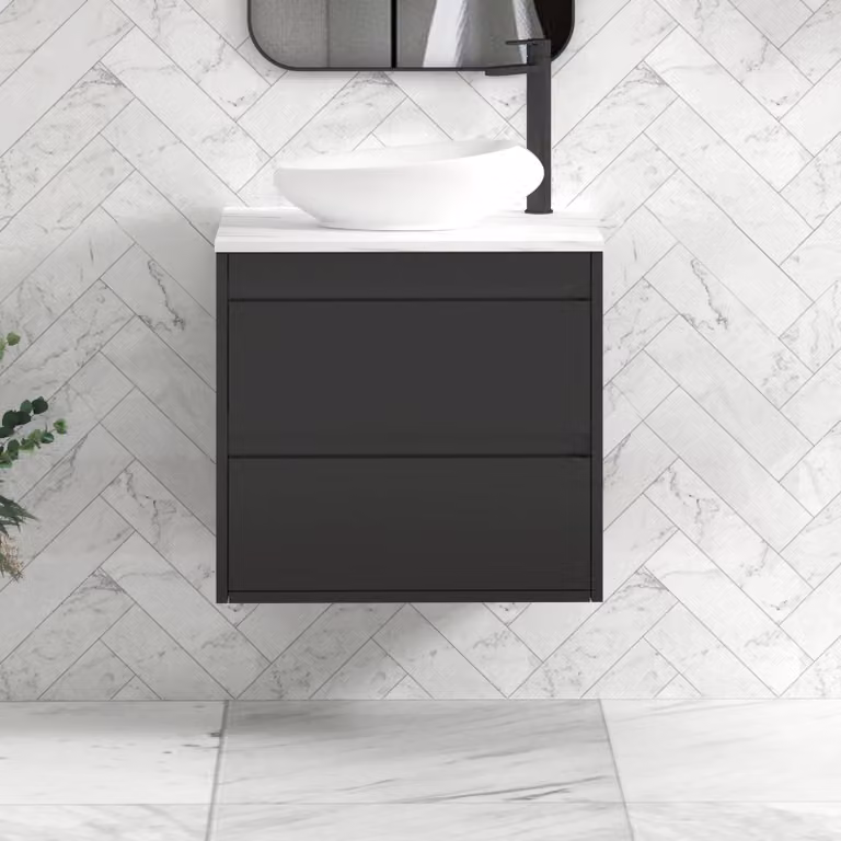 Royal Bathrooms Orion 600mm Matt Obsidian Black Wall Hung 2 Drawer Vanity Unit with Nova Basin and Black Accent Trim