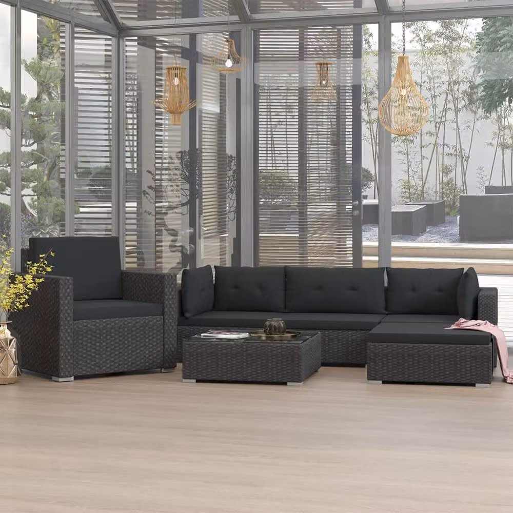 Berkfield Home 6 Piece Black Poly Rattan Garden Lounge Set with Cushions and Ottoman – 2