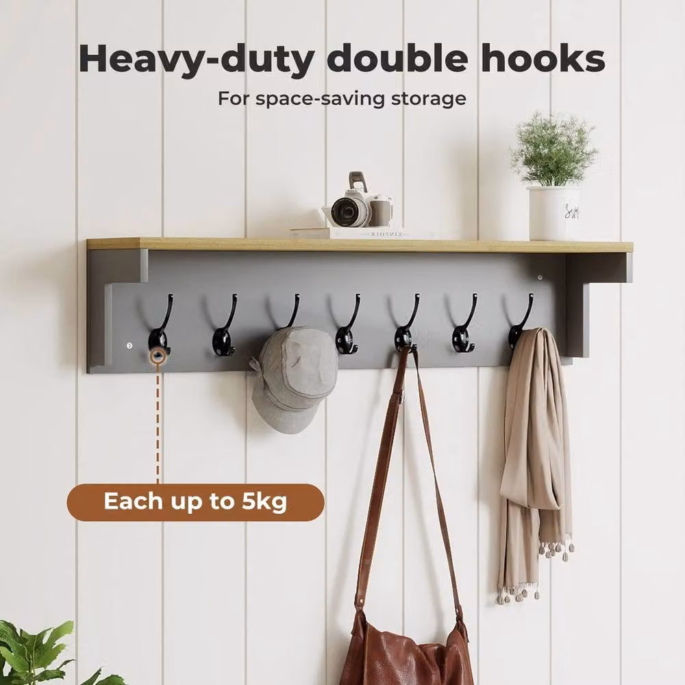 EONLION Wall Mounted Brown Wood Coat Rack with 7 Double Hooks, Width: 50 cm – 2