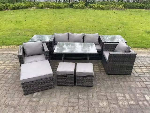 Fimous 8 Seater Rattan Outdoor Garden Dining Set in Dark Grey with Dining Table, Armchairs, Side Tables and Stools