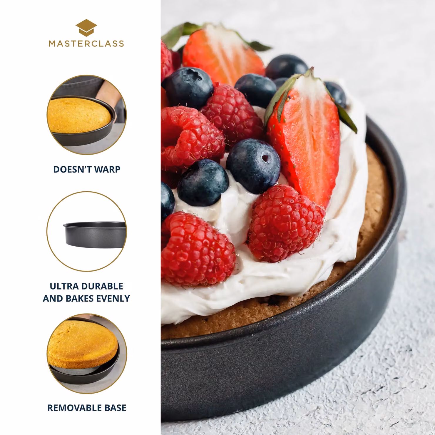 MasterClass Non-Stick Loose Base Round Carbon Steel Cake Tin, Grey, 20cm – 8