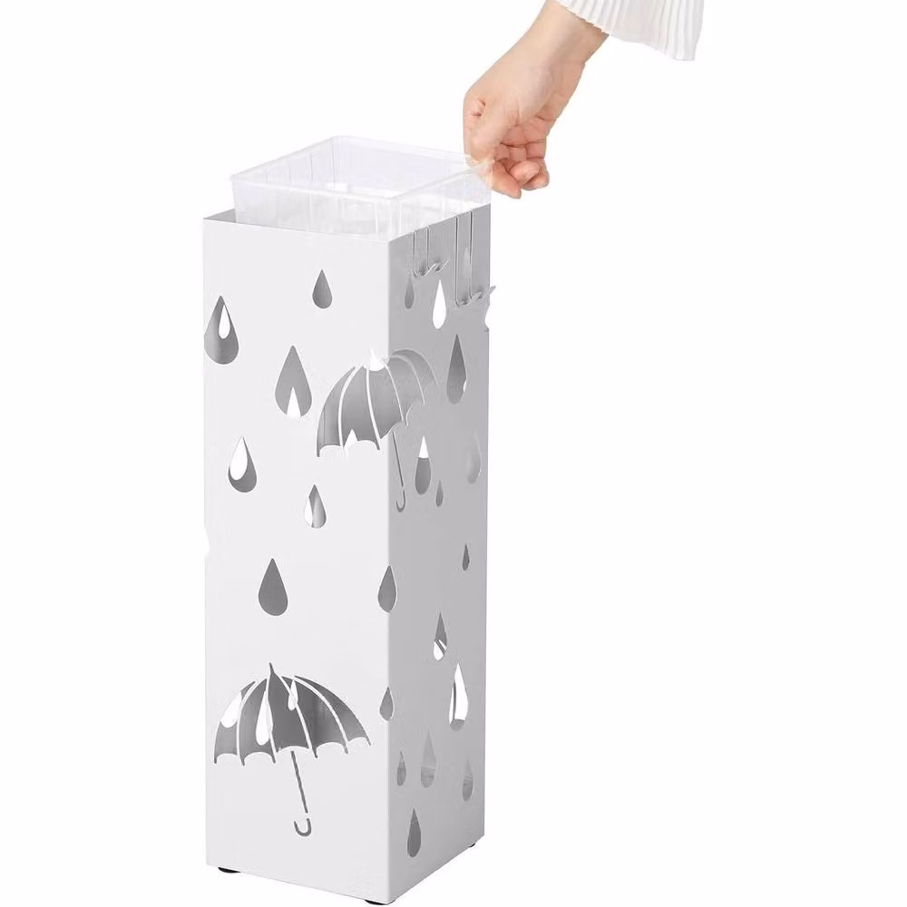 The Bazaarist Metal Umbrella Holder with Removable Drip Tray and Shelf, White – 3