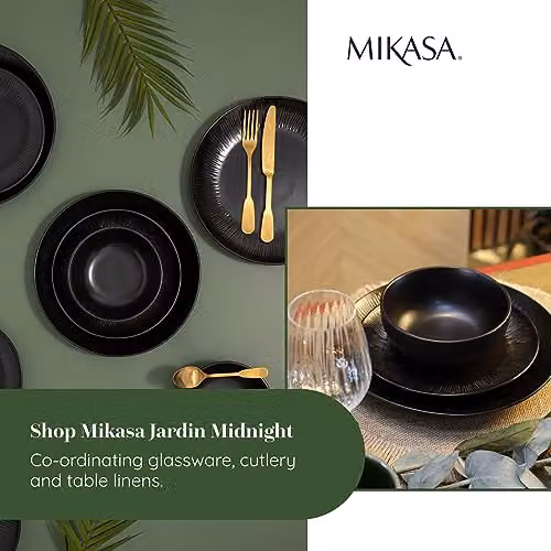 Mikasa Jardin Midnight 12-Piece Stoneware Dinner Set in Black with Floral Design – 6