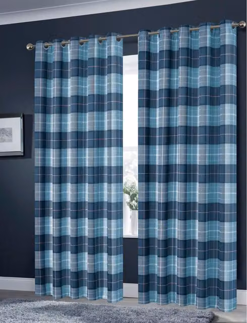 NewEdgeBlinds Modern Checked Blackout Fabric Panel Curtains with Eyelets, Petrol Blue, W: 167 cm, H: 228 cm