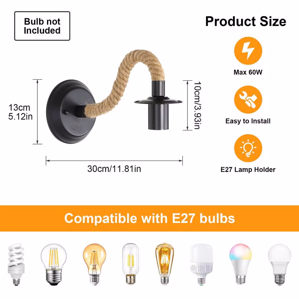 Pheashine Retro Black Metal Wall Lamp 2-Pack with Hemp Rope and E27 Fitting – 3