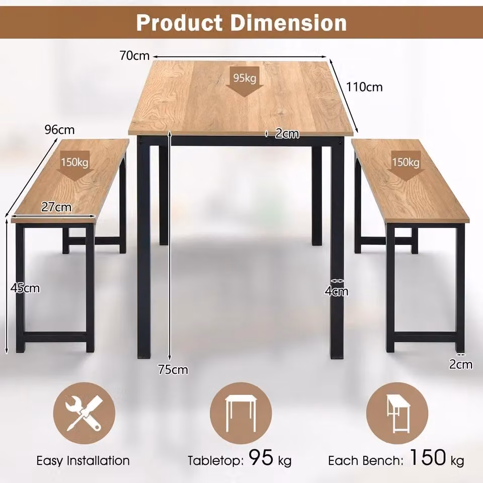 Costway 3 Piece Industrial Dining Table Set with 2 Benches in Natural Brown and Sand – 2