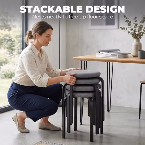 HOMCOM Set of 4 Modern Stackable Cushioned Stools in Grey – 5