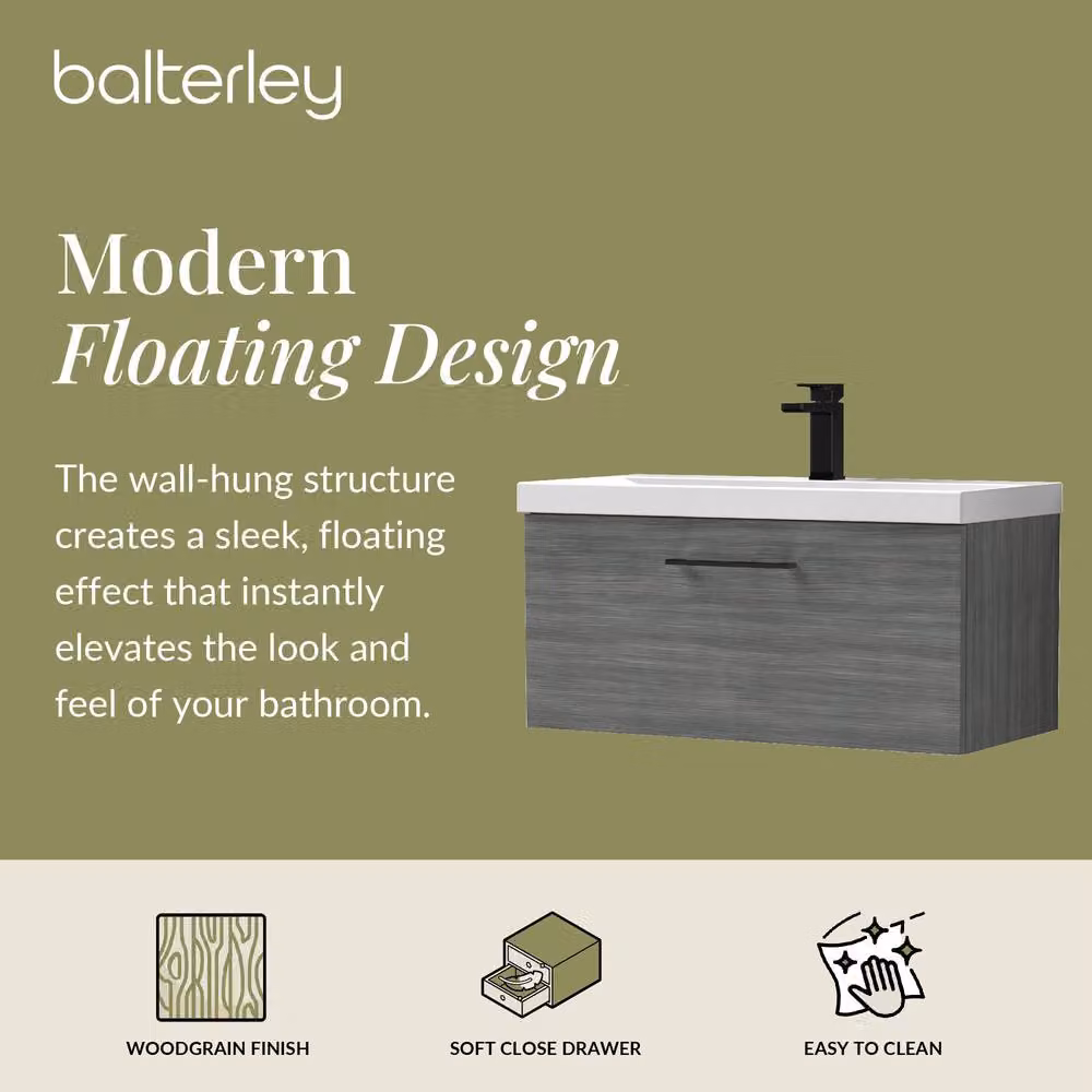Balterley 800mm Wall Hung 1 Drawer Vanity in Woodgrain Anthracite with Black Handle and Grey Finish – 2