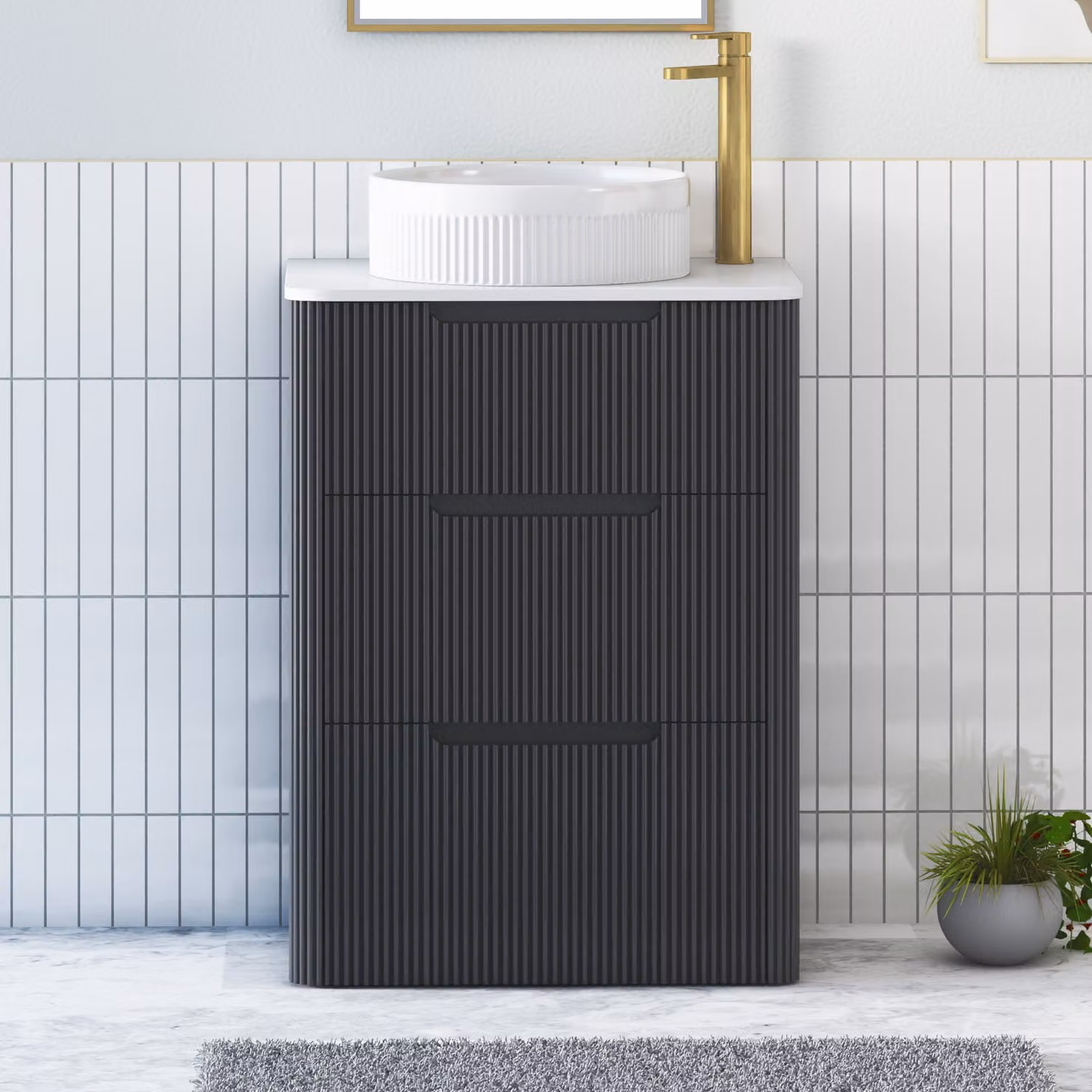 Royal Bathrooms Avenza Matt Obsidian Black Floor Standing Vanity Unit with 3 Drawers and Plain White Worktop