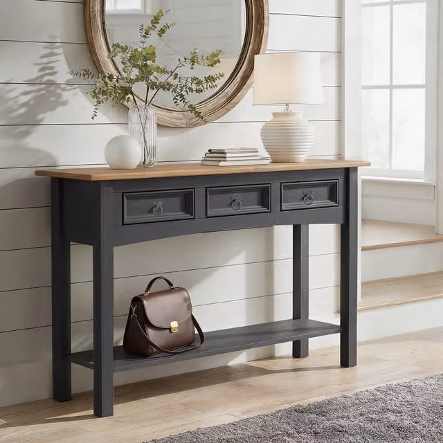 Mercers Furniture Corona 3 Drawer Console Table in Distressed Charcoal Wax