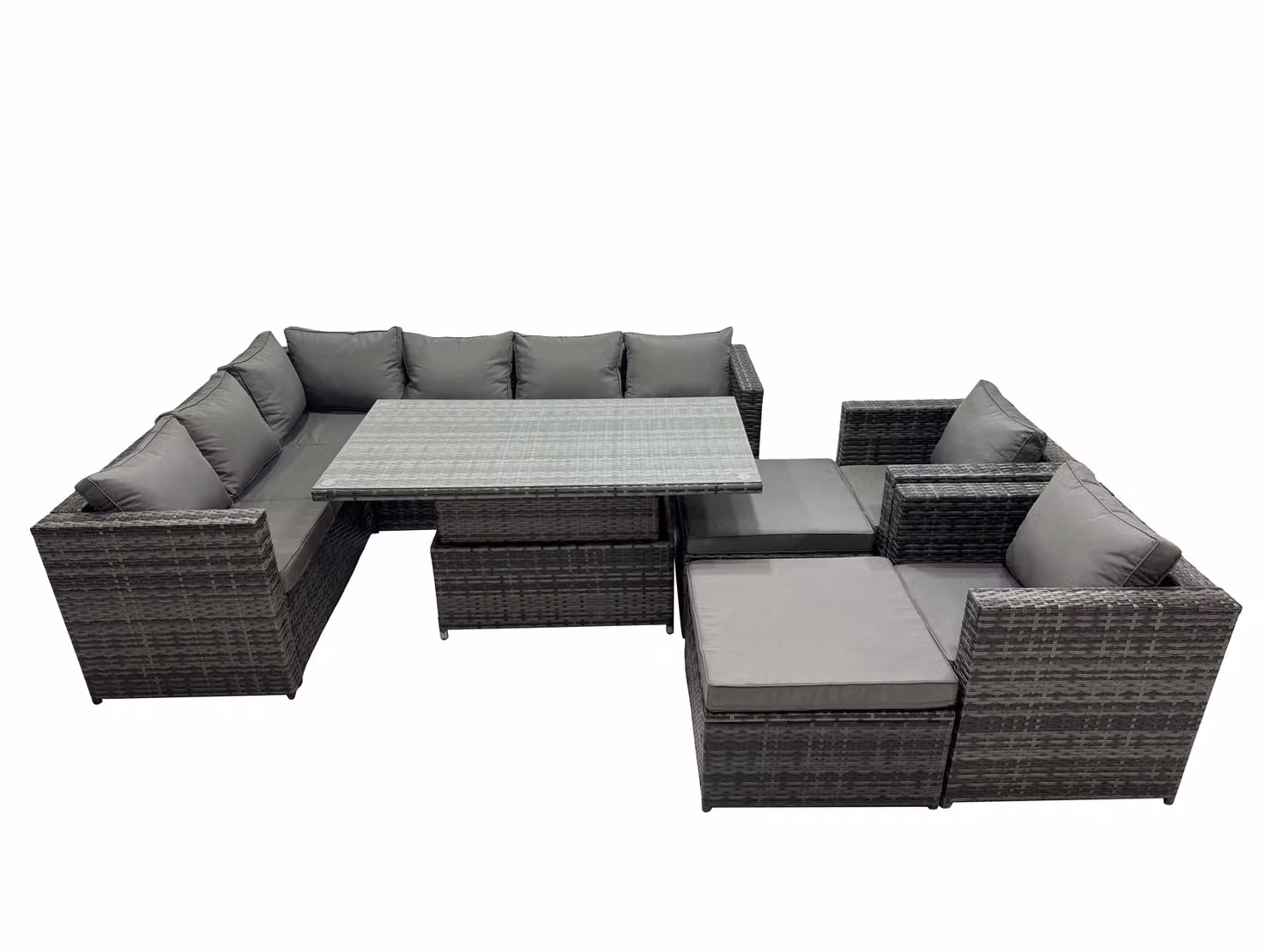 Fimous 10-Seater Rattan Garden Dining Set with 2 Large Stools in Dark Grey – 2