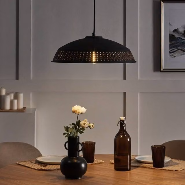 Wyld and Coco Black Iron Dome Pendant Light with PU Leather Braid – 1