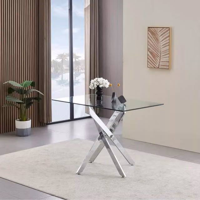 Kosy Koala Maya Modern Rectangular Dining Table with Transparent Glass Top and Silver Chrome Legs