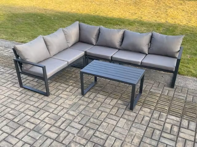 Fimous 6 Seater Modern Aluminium Garden Furniture Set with L-Shape Corner Sofa and Oblong Coffee Table in Dark Grey
