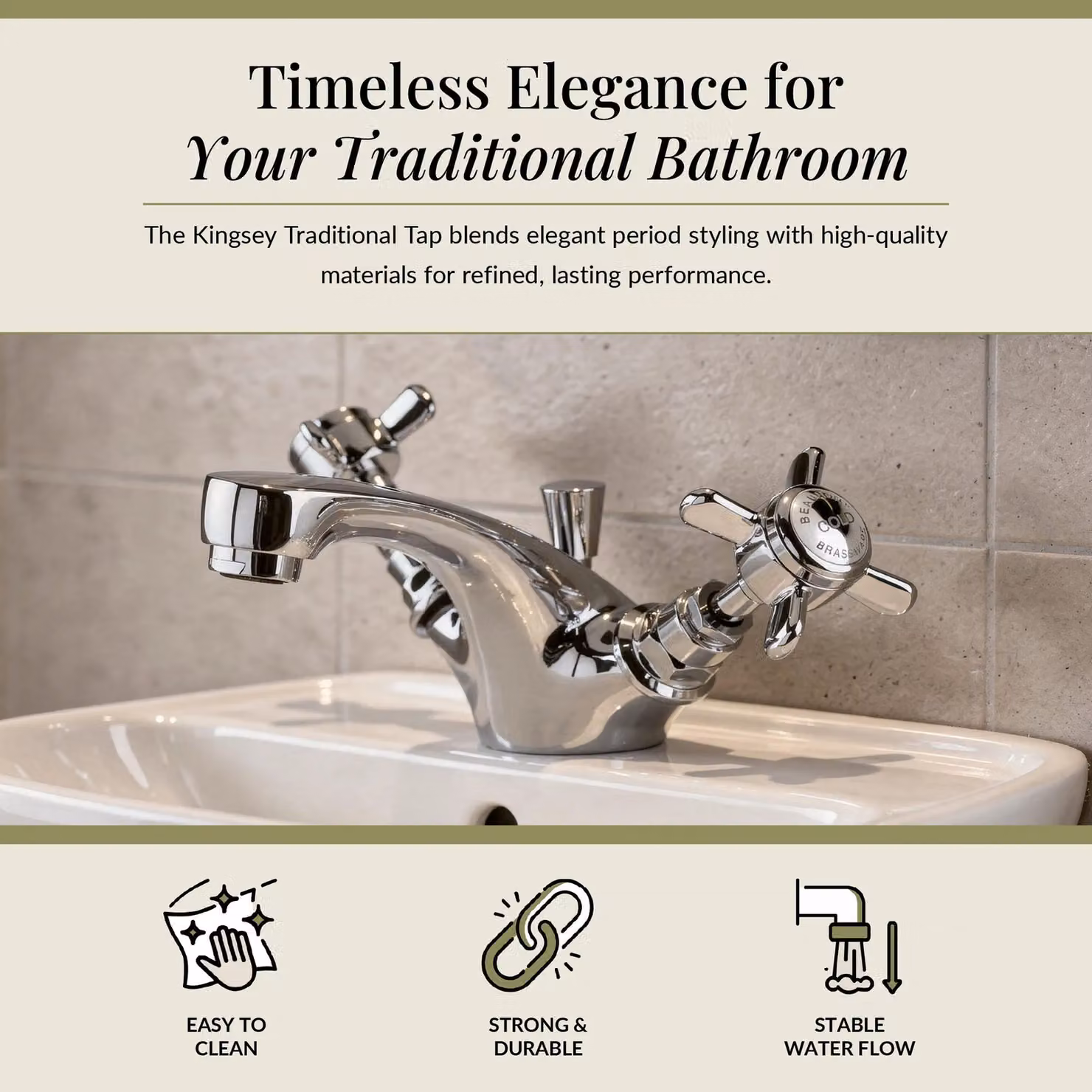 Balterley Kingsley Traditional Crosshead Mono Basin Tap with Pop Up Waste in Chrome Silver – 2