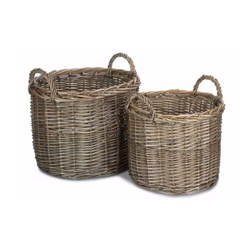 Red Hamper Set of 2 Round Straight-Sided Brown Wicker Log Storage Baskets – 4