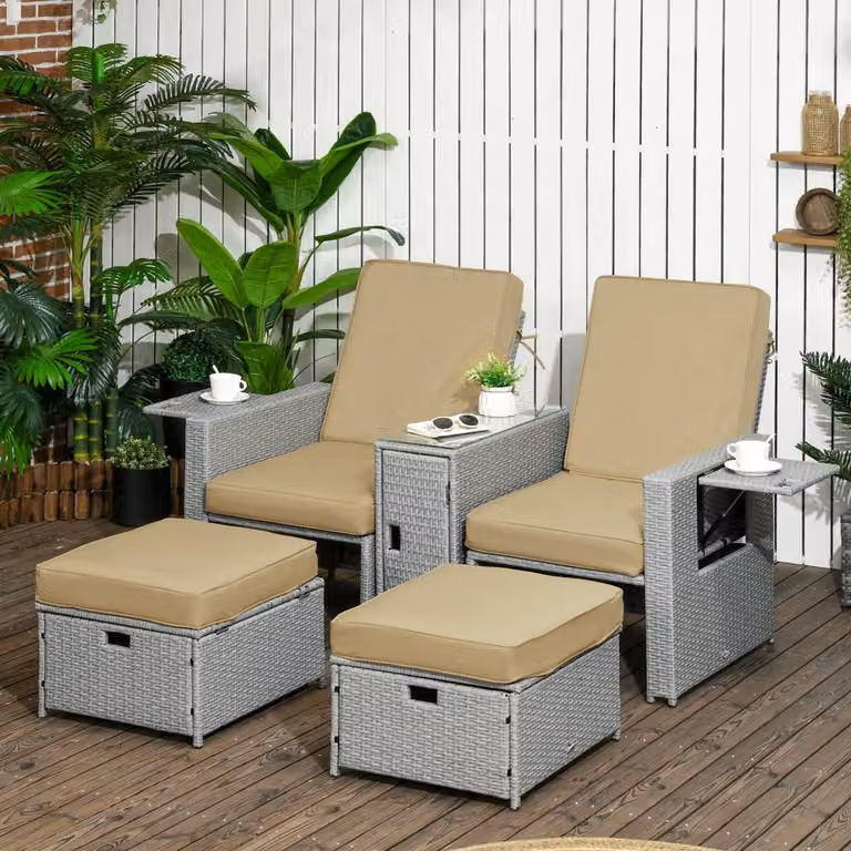 ERGOVEXA 5-Piece PE Rattan Sun Lounger Set in Beige with 5-Level Adjustable Backrest and Powder Coated Steel Frame
