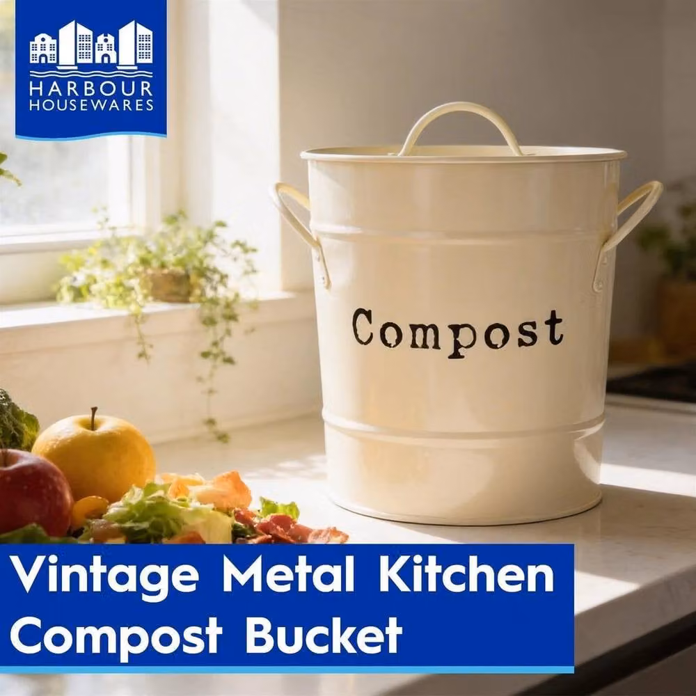 FORGEVIO Beige Metal Kitchen Compost Bin with Removable Inner Bucket and Flip Lid – 4