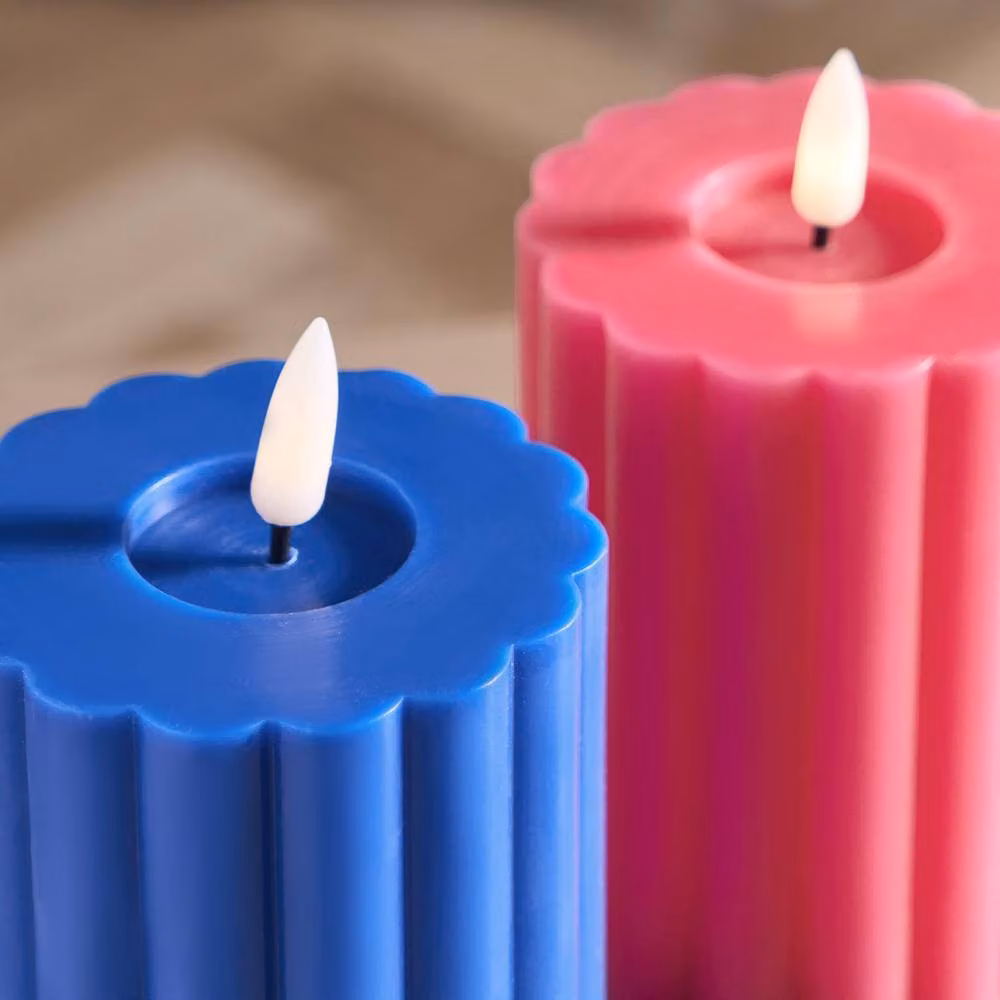 OHS Set of 2 Ribbed Flameless LED Pillar Candles with Flickering Effect in Pink and Blue – 4