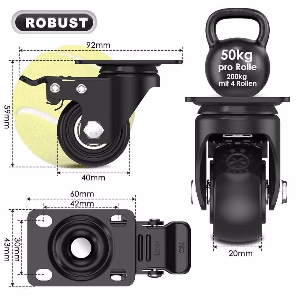 NESTLUNE Set of 4 Black Rubber and Steel Swivel Castor Wheels, 40mm – 2