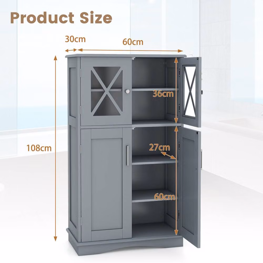 Gymax Grey Freestanding Bathroom Storage Cabinet with Glass Doors and Internal Shelves, Height: 108 cm – 6