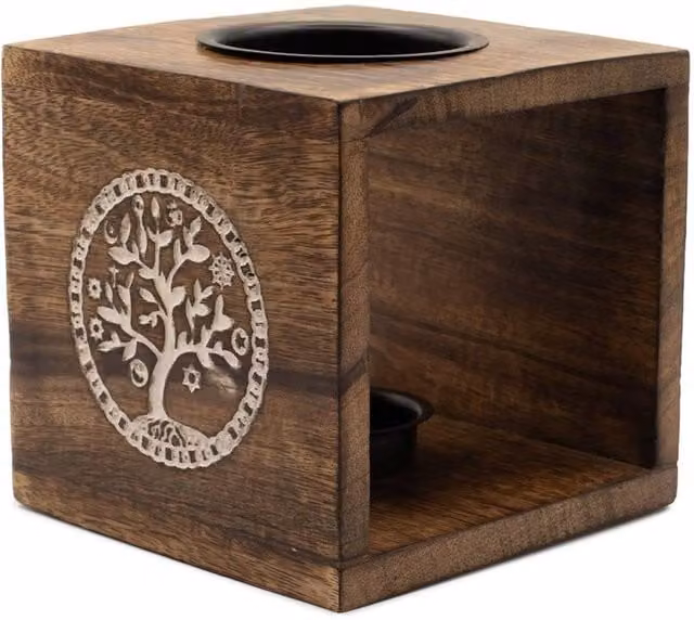 KDMD Large Tree of Life Mango Wood and Metal Oil Burner with Tealight Holder in Brown and Black – 1