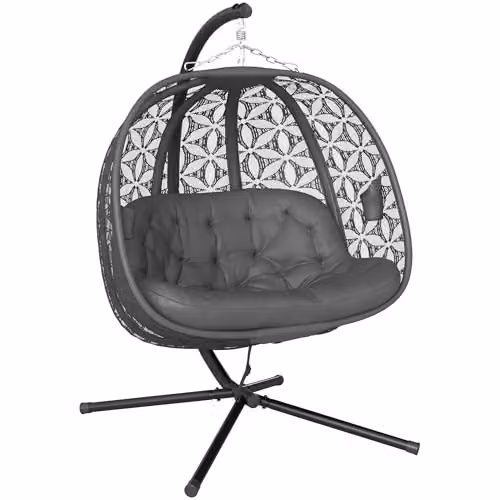 Outsunny Double Hanging Swing Chair with Metal Stand and Cushions, Grey
