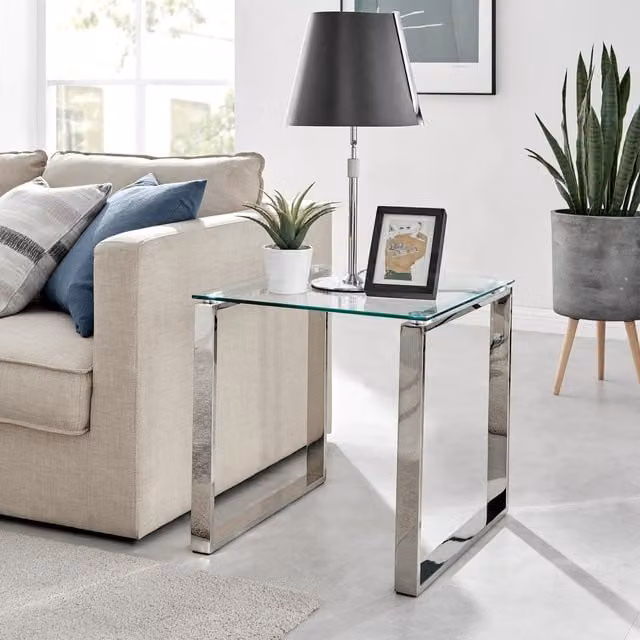 FurnitureboxUK Miami Modern Square Clear Glass Side Table with Silver Chrome Metal Legs
