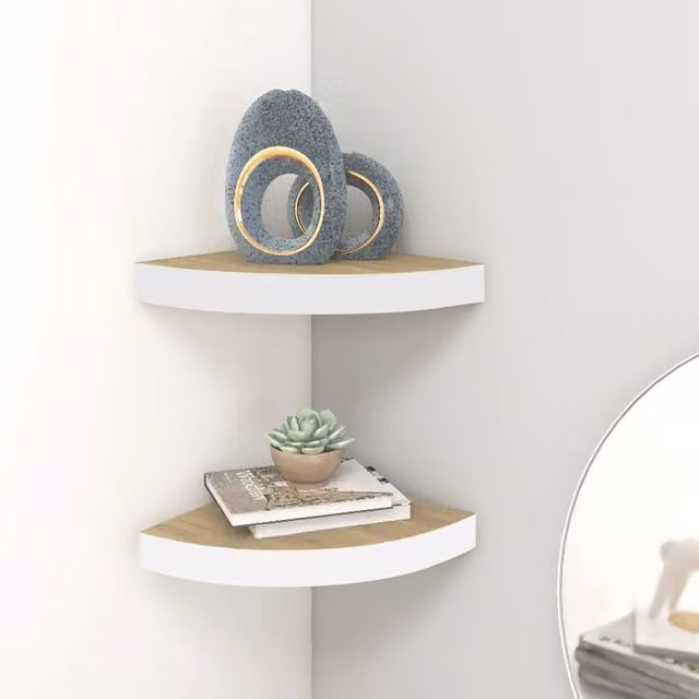 Berkfield Home Wall Mounted Corner Shelves, 2 Piece Set, Oak and White MDF, W/D/H: 35 x 35 x 3.8 cm