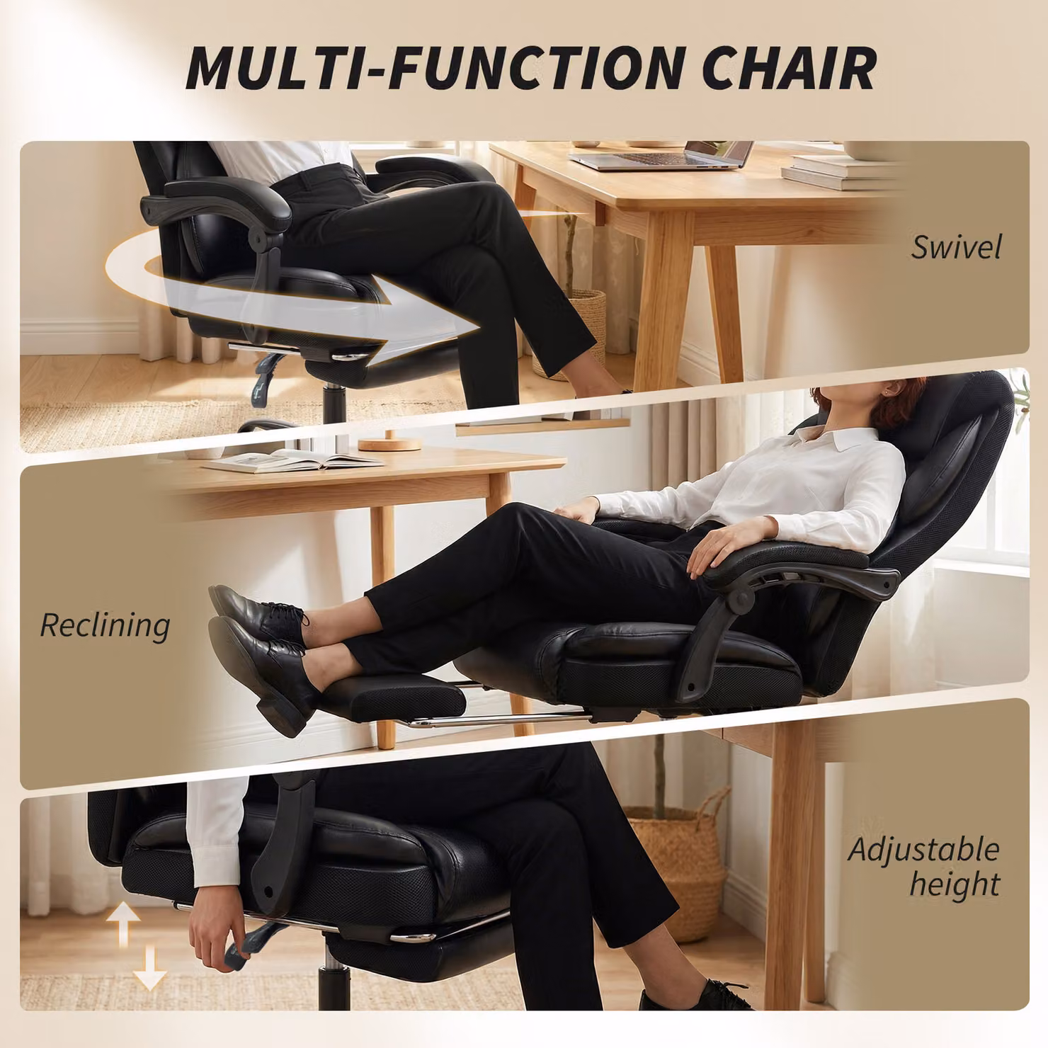 HOMCOM Black Adjustable Reclining Office Chair with Footrest, Armrests and Headrest – 6