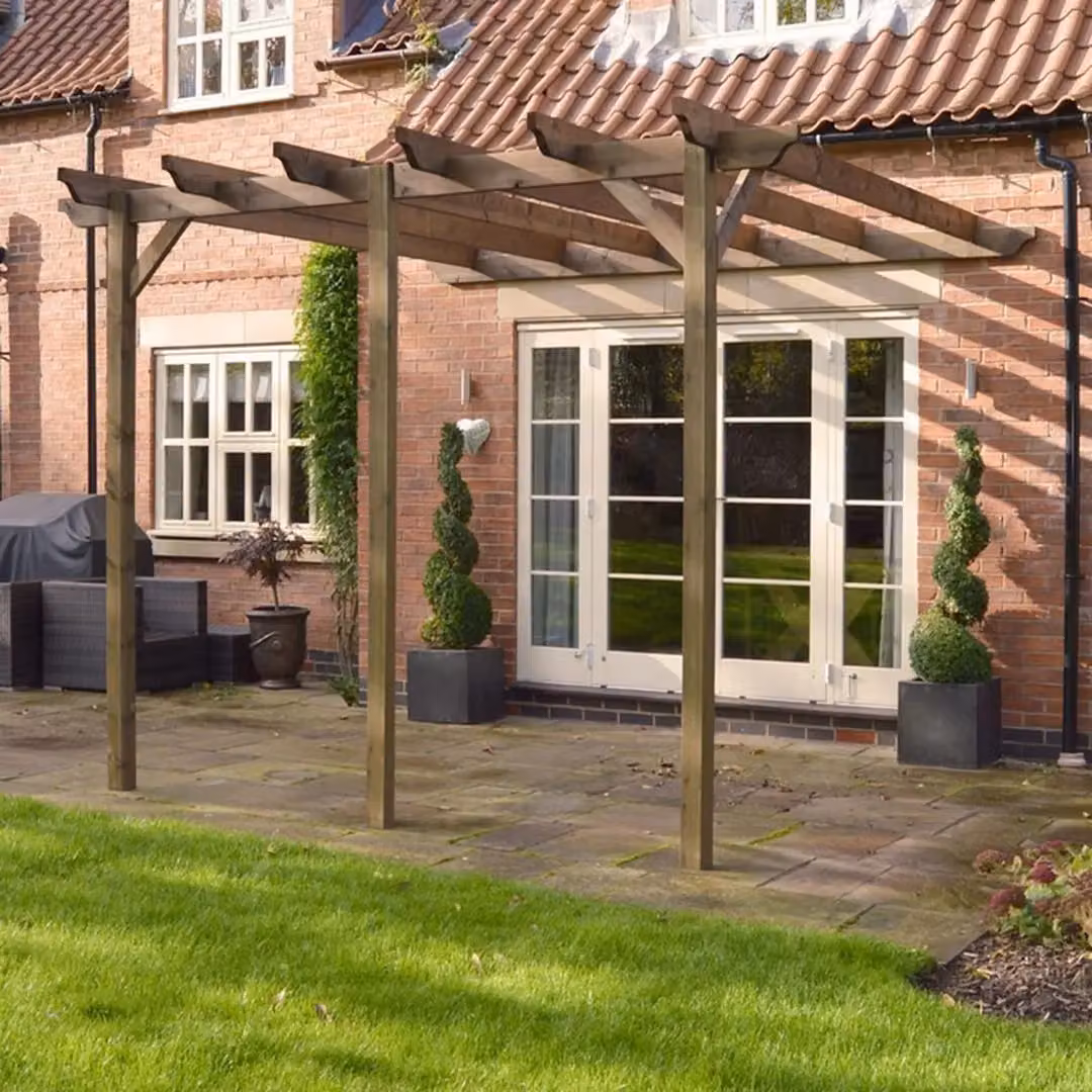 Rutland County Garden Furniture Ltd Wall Mounted Lean-to Garden Pergola with 3 Posts, Wood, W: 780 cm, H: 270 cm, Brown and Green – 2