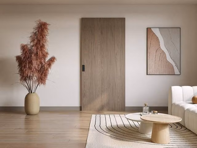 Vente-unique Reversible Minimalist Sliding Door in Wood and MDF with Invisible Rail, Brown, W: 236.22 cm, H: 236.22 cm