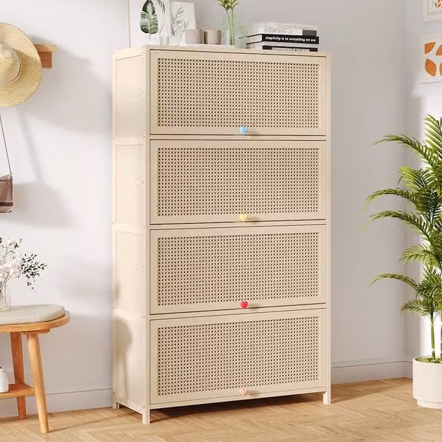 Livingandhome Freestanding Bamboo Storage Sideboard in White with Rattan Detail