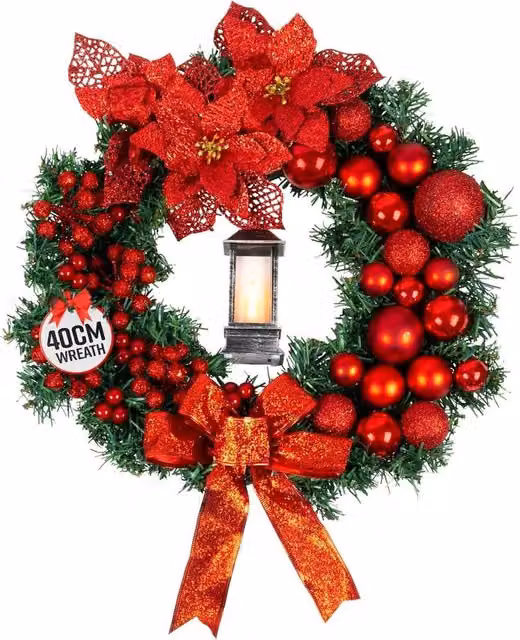 Globrite Red Christmas Wreath with Bows, Baubles and Lantern, Diameter: 40 cm