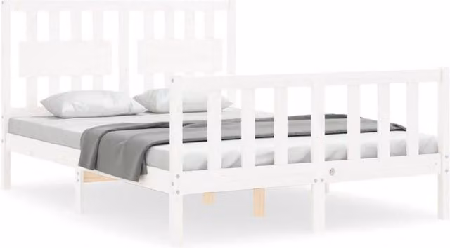 Berkfield Home Solid Wood Pine Bed Frame with Headboard in White, W/D/H: 140 x 190 cm