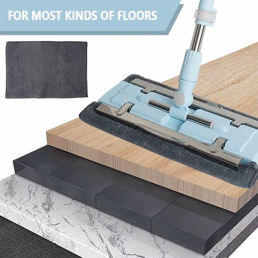 NESTLUNE Blue Flat Floor Cleaning Mop with 135 cm Telescopic Stainless Steel Handle and Microfibre Pad – 3