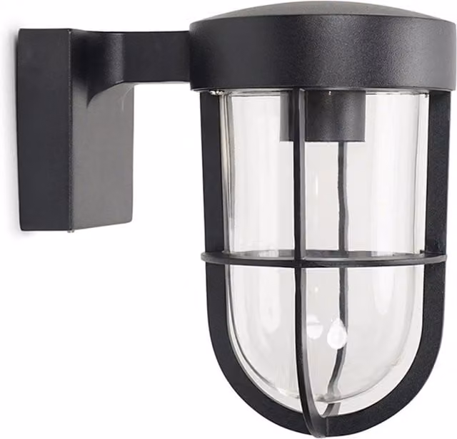 Fanar IP44 Black Metal Outdoor and Bathroom Wall Light Lantern with LED Bulb