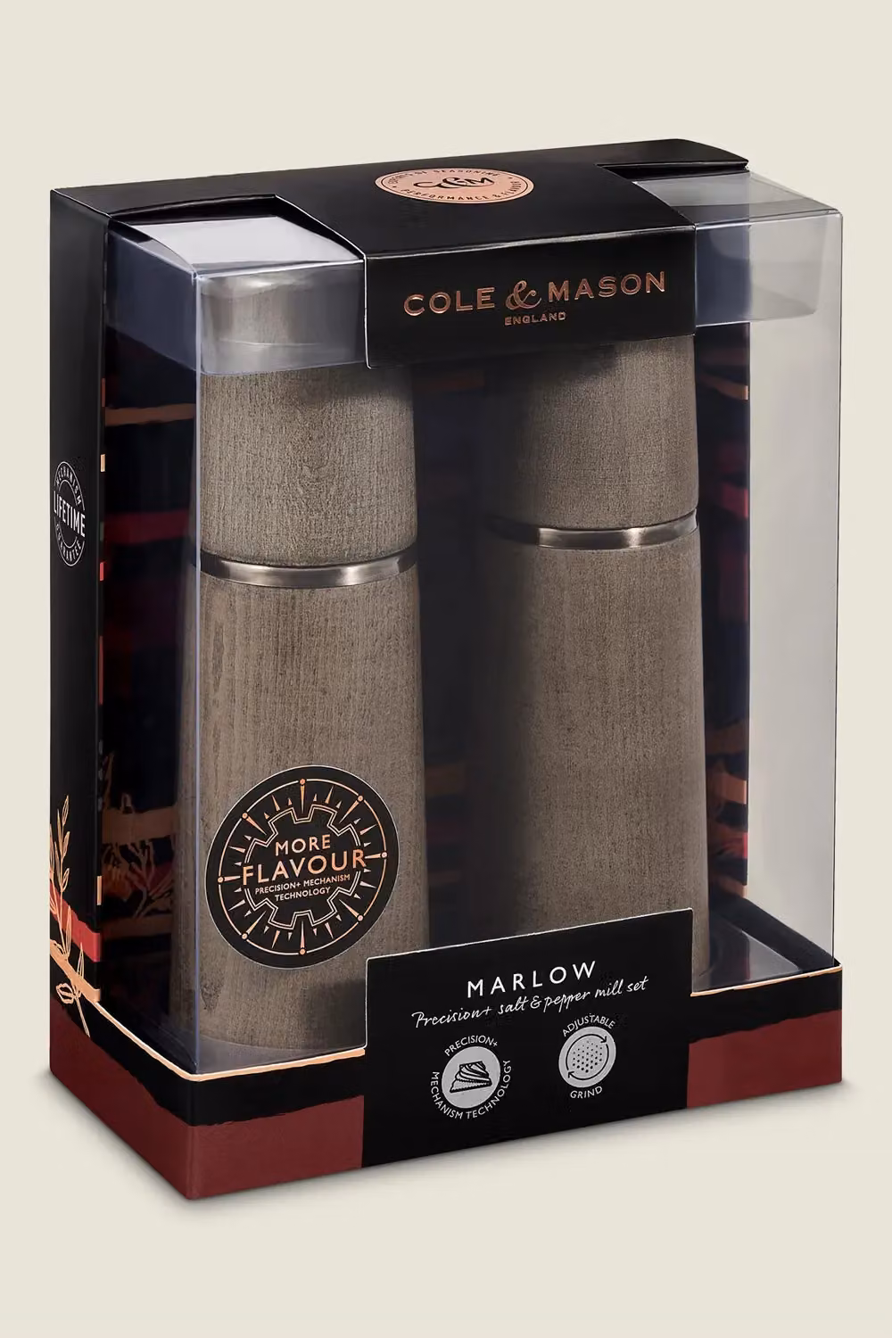 Cole & Mason Marlow Salt and Pepper Mill Set in Grey Wood and Ceramic, H: 18.5 cm – 7