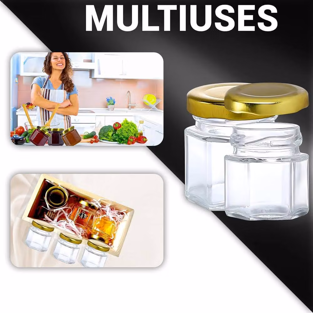 ATEK Set of 30 Hexagonal Small Glass Jars with Airtight Gold Metal Lids, 45 ml, Clear and Gold – 6