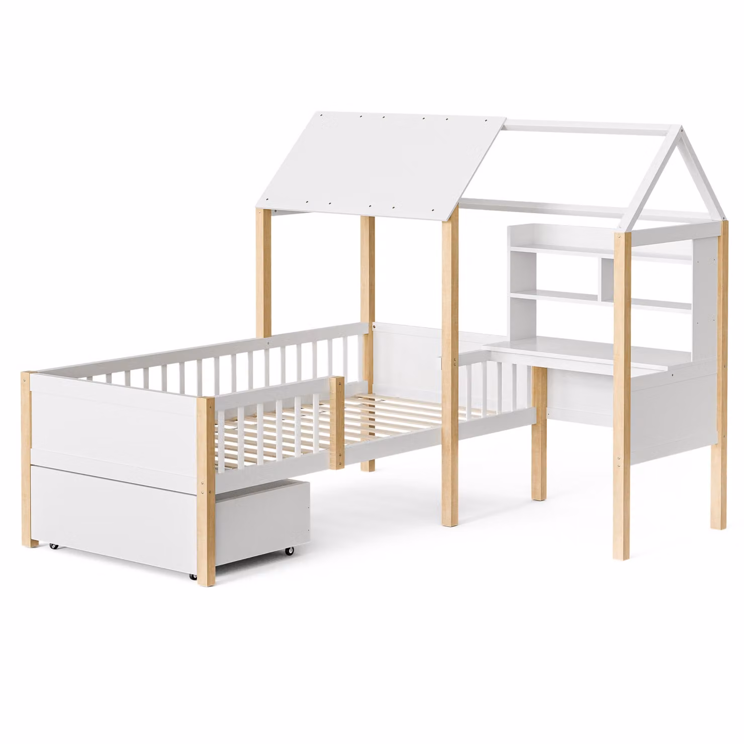 Aosom UK Modern House-Shaped Kids Loft Bed Frame with L-Shaped Desk and Rolling Drawers, Solid Wood, White, W/D/H: 195 x 90 x 164.5 cm – 2