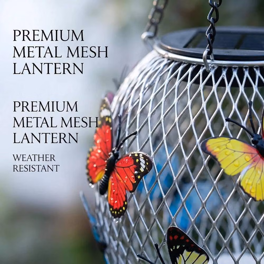 FORGEVIO 2-Piece Silver Metal Hanging Butterfly Solar LED Garden Lights with Warm White Glow – 3