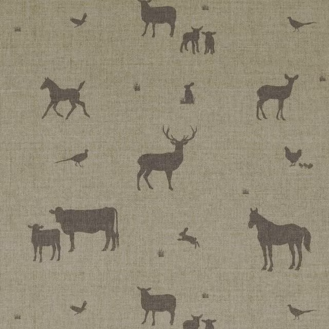 ANTE DECOR Country Animals Printed Cotton Linen Fabric in Charcoal Grey and Beige