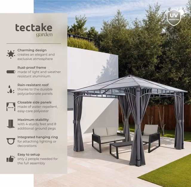tectake Caracas Gazebo with 4 Side Panels in Grey